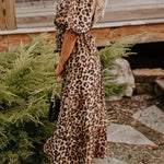 Brown Leopard Print Puff Sleeve Ricrac Maxi Dress