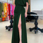 Midnight Chances One Shoulder Ruched Detail Slit Maxi Dress
