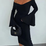 Solid Color Sexy Off-shoulder Trumpet Sleeve Slim Midi Dress