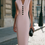 Sleeveless V-Neck Button-Front Tailored Midi Dress