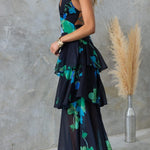 REFRESHING FLORAL PRINT BACK LACE-UP MULTI-TEIR RUFFLE HEM MAXI DRESS