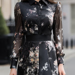 Printed Satin Shirt Midi Dress With Chiffon Sleeves