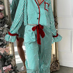 Striped Printed Color-blocked Trim Long-sleeved Loose Top and Elastic Waist Belt Wide-leg Pants Set