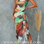 Ruched Drape Front Printed Bodycon Midi Cami Dress