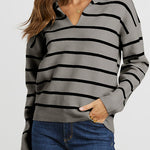Striped Long Sleeve Polo V Neck Pullover Sweater