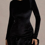 Velvet Round Neck Long Sleeve Ruched Puffy Hem Mini Dresses-Purple