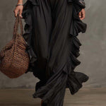 Vintage Ruffle V-Neck Tencel Faux-Denim Jumpsuit With Chiffon Trim