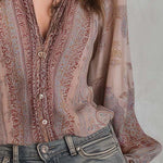 Boho Paisley Sheer Blouse With Lace Cuffs