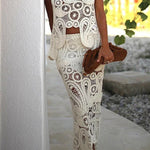 Summer Getaway Look Crochet Lace Elastic Waist Irregular Hem Maxi Skirt