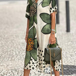 Green flower v-neck short-sleeved loose dress