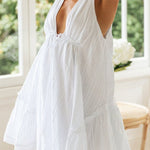 V-neck front and back drawstring large swing skirt irregular dress