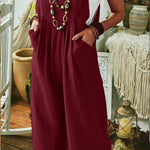 Solid Color Sleeveless Pocket Casual Wide Leg Side Button Jumpsuit