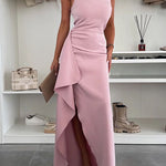 One Shoulder Draped Slit Maxi Cami Dress