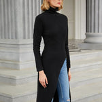 Simple Skinny Split-Side Solid Color High-Neck T-Shirts Tops