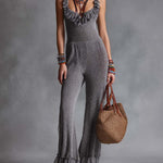 Boho-Vintage Elegant Textured Ruffle Knit Jumpsuit