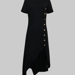 High-low Short Sleeves Buttoned Solid Color Round-neck Maxi Dresses