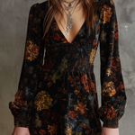 Retro Floral Print Pleated Waist Velvet Mini Dress