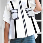 A-line Half Sleeves Buttoned Contrast Color Pockets Mock Neck Blouses&shirts Tops