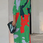 Loose Wrap Buttoned Contrast Color Pockets Printed Split-Side Shirt Dress