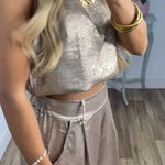 Rita Metallic Fabric Back Buttons Crop Tank and Elastic Waist Pocketed Wide Leg Pants Set