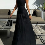 Bodycon Sleeveless Hollow Pleated Solid Color Split-Joint Mock Neck Maxi Dresses