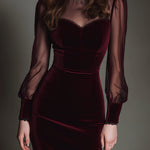 Elegant Mesh Polyester Velvet Stitching Sweetheart Neckline Slim Midi Dress