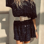 Night Moves Sequin Fabric Short Sleeve Backless H-line Mini Dress