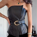 Fashionable and Avant-garde Faux Leather Belted Strapless Asymmetric Top
