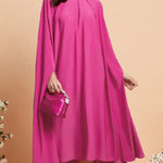 Simple Batwing Sleeves Lace-Up Solid Color High-Neck Midi Dresses