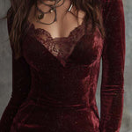 Sparkling Velvet Lace-Trim Mini Dress – Spiced Wine Red