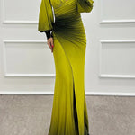 Julieta Gradient Print Boat Neck Off Shoulder Gem Detail Slit Gown Maxi Dress