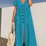 Loose Short Sleeves Buttoned Pockets Solid Color V-Neck Jumpsuits