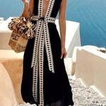 Fashionable Lock-edge Printed V-neck Lace-up Holiday Cover-up Robe