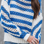 Fashion Loose Striped Hollow Crew Neck Knit Sweater