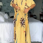 Helia Linen Blend Unique Print Drawstring Waist Kaftan Maxi Dress