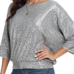 Solid Color Sequined Loose Round Neck Casual Top