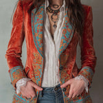 Retro Contrast Color Polyester Velvet Printed Blazer