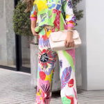 Contrast Color Printed Long Sleeves Buttoned Lapel Blouses Top+ High Waisted Pants Bottom Two Pieces Set