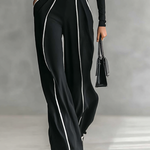 Women's White Trimmed Turtleneck Long Sleeve Top Wide Leg Pants Belt Two-Piece Set