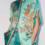 Somewhere Sunny Satin Botanical Print Short Sleeve Button Oversized Blouse