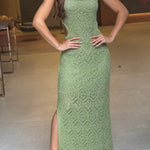 Zafina Crochet Knit Cutout Waist Texture Slit Stretch Maxi Dress