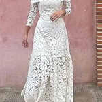 Solid Color Hollow Lace High Neck Long Sleeve Elegant Maxi Dress