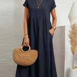 Loose Short Sleeves Pleated Solid Color Round-Neck Midi Dresses