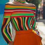 Long Sleeves Loose Contrast Color Striped Halter-Neck T-Shirts Tops