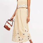 Vacation Season Floral Eyelet Poplin Tank and High Rise Elastic Waist Midi Skirt