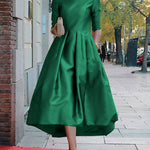 A-Line Loose Pleated Pockets Solid Color Split-Joint Round-Neck Midi Dresses