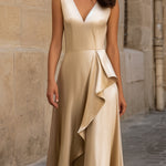 Elegant Satin V-Neck Maxi Dress With Asymmetric Ruffle