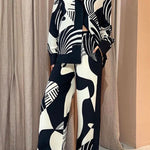 Graphic Printed Long Sleeve Blouse Shirt Wide Leg Pants 2 Pieces Set