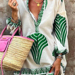 Lapel V Neck Long Sleeve Printed Shirt Dress