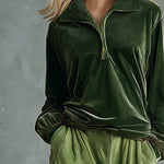 Trendy Retro Sporty Green Velvet Top And Leopard Print Wide-leg Pants Set